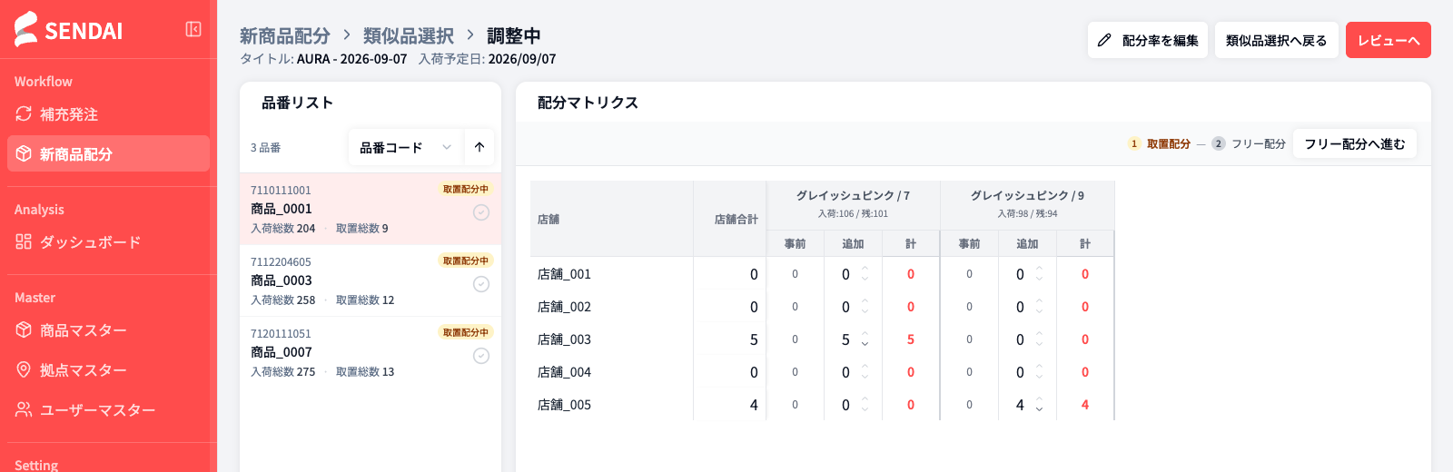 新商品配分の配分マトリクス画面